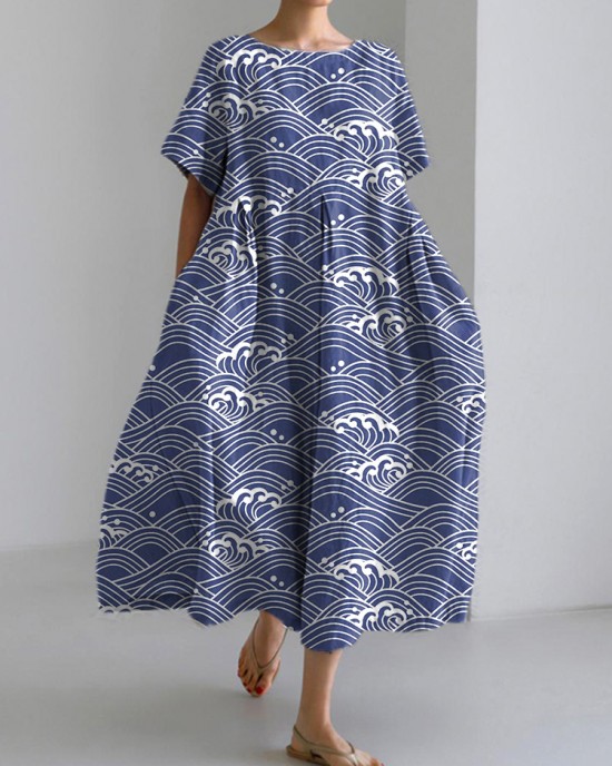 Japanese Art Waves Pattern Casual Cozy Linen Dress Japanese Art Waves Pattern Casual Cozy Linen Dress