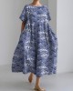 Japanese Art Waves Pattern Casual Cozy Linen Dress Japanese Art Waves Pattern Casual Cozy Linen Dress