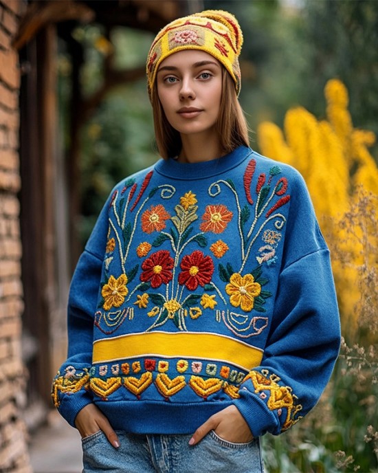 Ukrainian Folk Floral Embroidered Vintage Cozy Sweatshirt