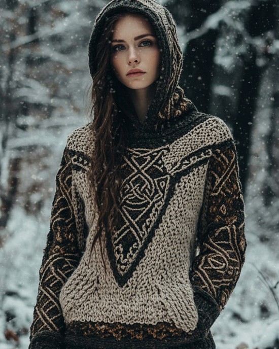 Women's Viking Totem Celtic Knot Vintage Pocket Hooded Sweater Women's Viking Totem Celtic Knot Vintage Pocket Hooded Sweater