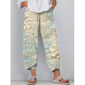 Boho Lace Floral Embroidered Linen Blend Pants