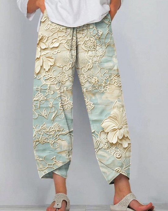 Boho Lace Floral Embroidered Linen Blend Pants