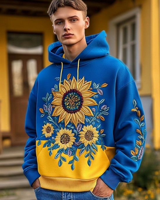 Men's Ukrainian Sunflower Embroidered Cozy Hoodie