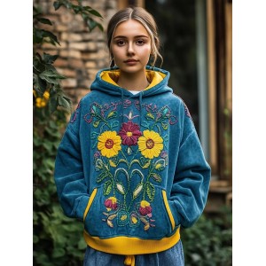 Vintage Ukrainian Floral Embroidered Washed Cozy Hoodie