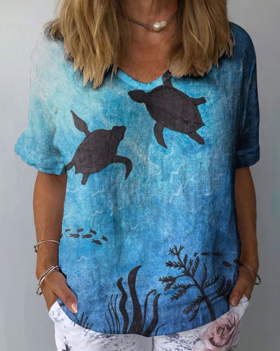 Women's Underwater World Sea Turtle Print Linen Blend T-shirt Women's Underwater World Sea Turtle Print Linen Blend T-shirt