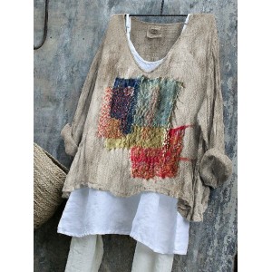 Colorful Patch Japanese Sashiko Art Linen Blend Tunic