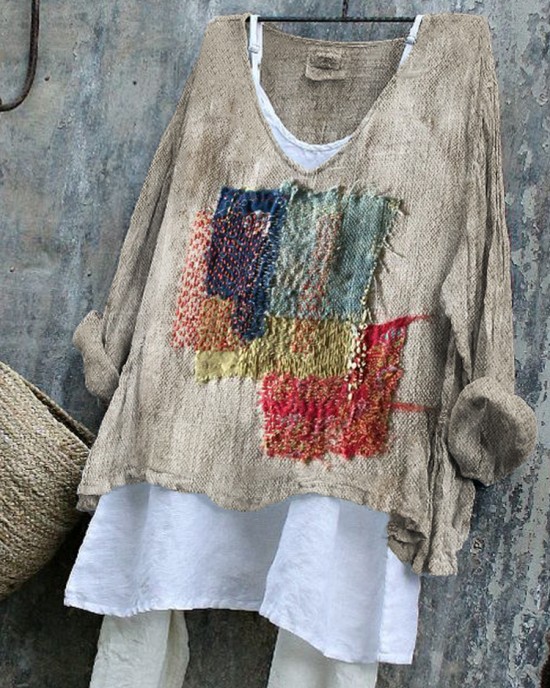 Colorful Patch Japanese Sashiko Art Linen Blend Tunic Colorful Patch Japanese Sashiko Art Linen Blend Tunic