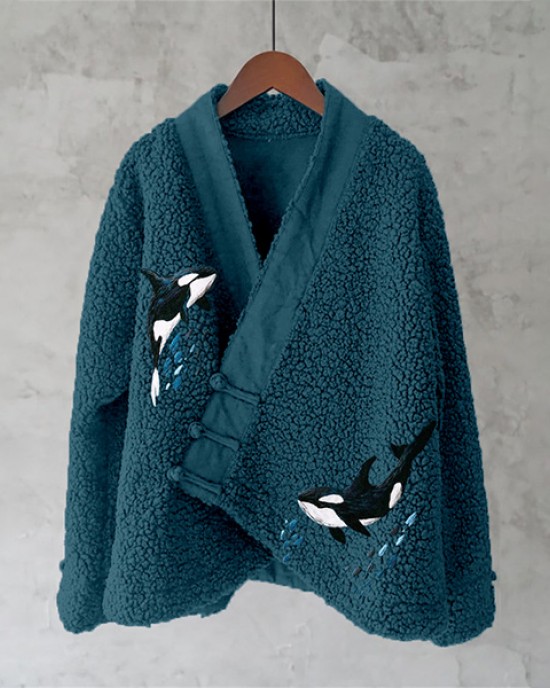 Ocean Whales Embroidery Art Fleece Kimono Cardigan
