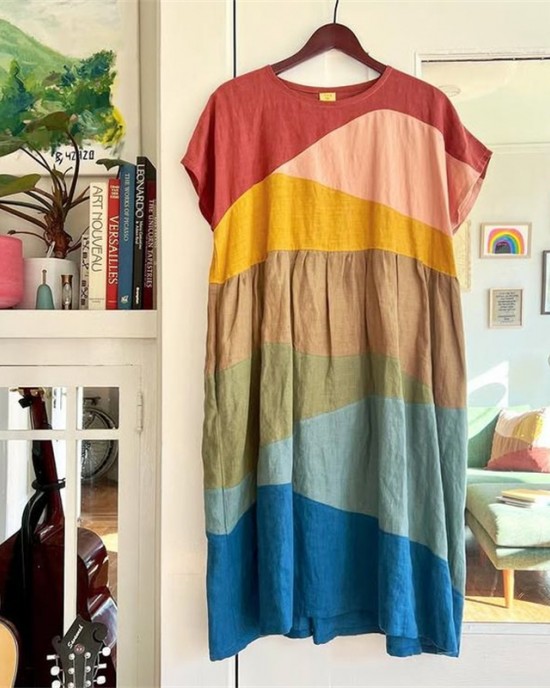 Colorful Earthy Landscape Patchwork Linen Dress Colorful Earthy Landscape Patchwork Linen Dress
