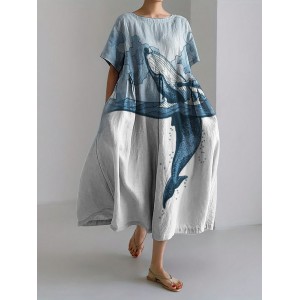 Whale Breach Contrast Color Art Linen Blend Maxi Dress