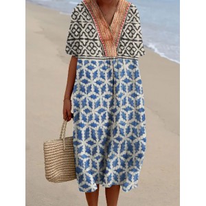 Indigo Ethnic Geometric Natural Block Print Flowy Linen Dress