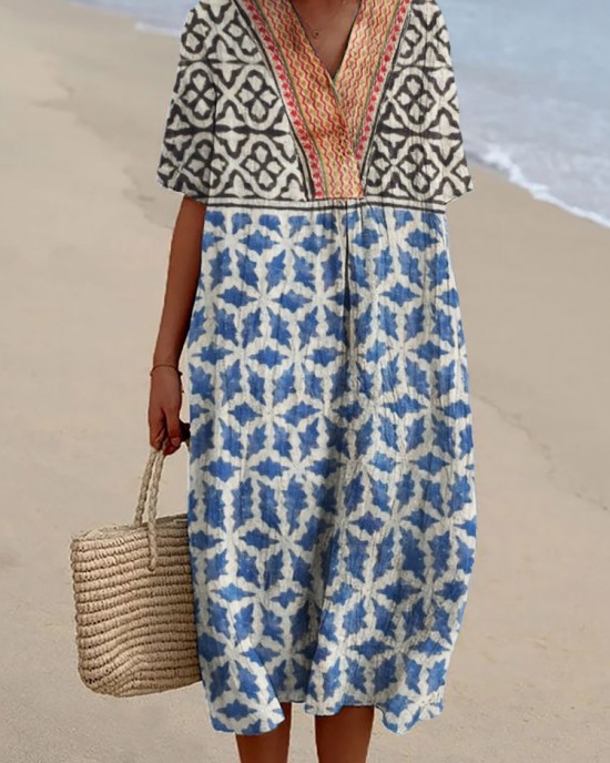 Indigo Ethnic Geometric Natural Block Print Flowy Linen Dress Indigo Ethnic Geometric Natural Block Print Flowy Linen Dress