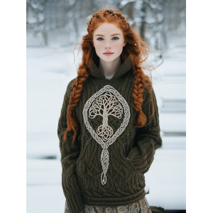 Vintage Viking Tribal Tree Of Life  Jacquard Celtic Knit Hooded Sweater