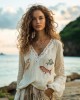 Retro Fish Embroidery Print Linen Blend Loose Blouse Retro Fish Embroidery Print Linen Blend Loose Blouse