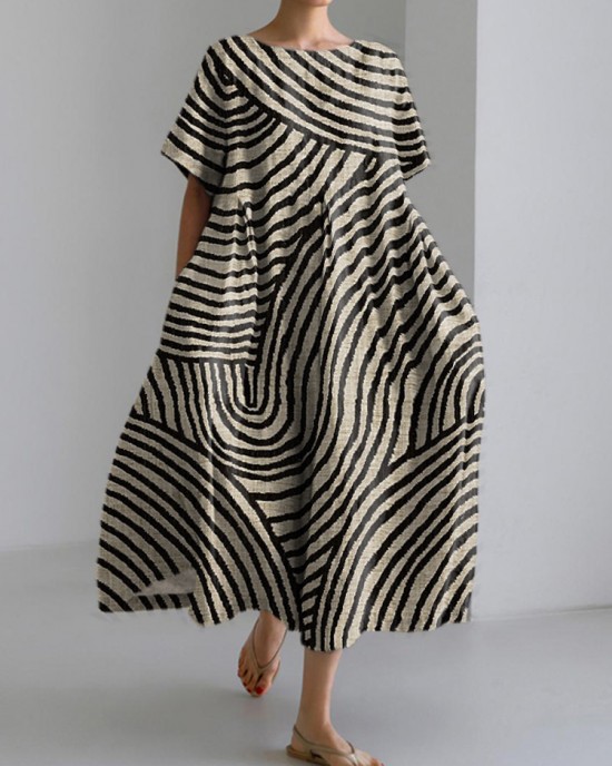 Women's Abstract Art Striped Print Vintage Linen Blend Dress Women's Abstract Art Striped Print Vintage Linen Blend Dress