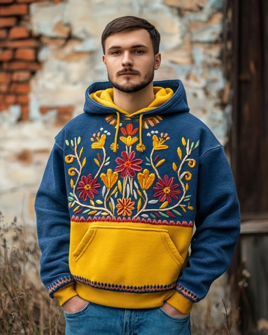 Men's Ukrainian Folk Floral Embroidered Contrast Color Comfy Hoodie Men's Ukrainian Folk Floral Embroidered Contrast Color Comfy Hoodie