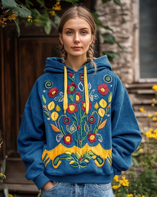 Ukrainian Folk Floral Embroidered Vintage Comfy Hoodie Ukrainian Folk Floral Embroidered Vintage Comfy Hoodie