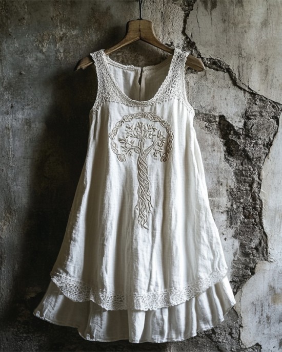 Boho Celtic Tree Of Life Lace Patchwork Layered Linen Dress Boho Celtic Tree Of Life Lace Patchwork Layered Linen Dress