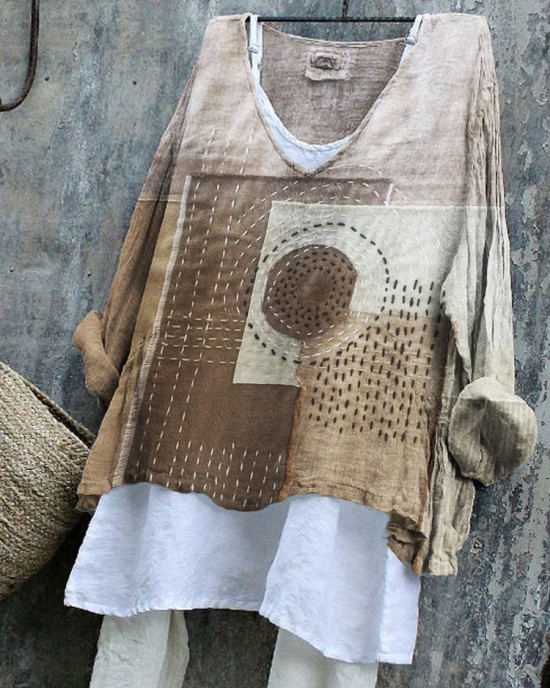 Japanese Sashiko Art Geometric Patchwork Linen Blend Tunic Japanese Sashiko Art Geometric Patchwork Linen Blend Tunic