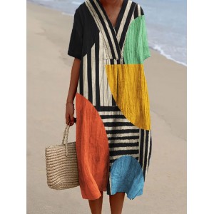Colorblock Geometric Art Striped Flowy Linen Blend Dress