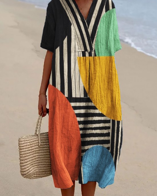 Colorblock Geometric Art Striped Flowy Linen Blend Dress