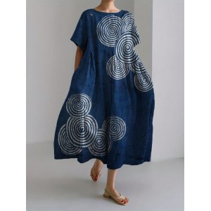 Sea Waves Ripples Japanese Lino Art Linen Blend Maxi Dress