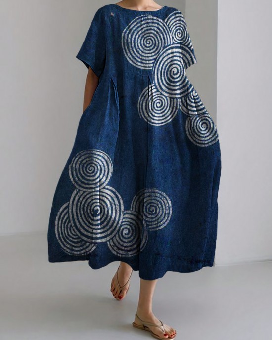 Sea Waves Ripples Japanese Lino Art Linen Blend Maxi Dress Sea Waves Ripples Japanese Lino Art Linen Blend Maxi Dress