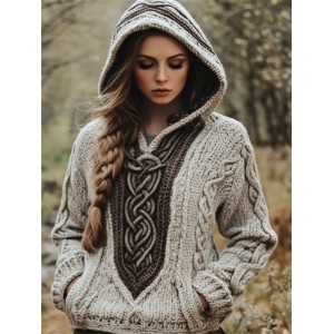 Vintage Celtic Contrast Color Chunky Cozy Hooded Sweater