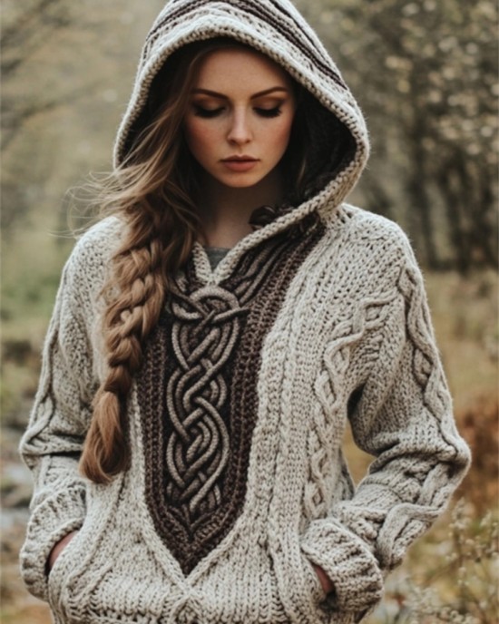 Vintage Celtic Contrast Color Chunky Cozy Hooded Sweater