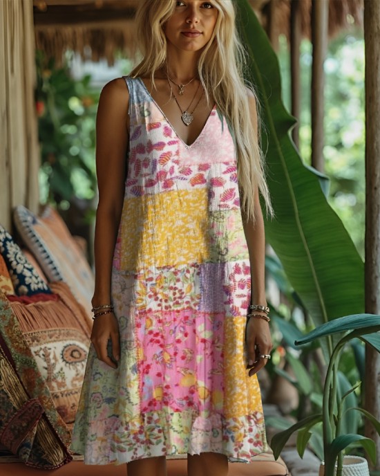 Rustic Floral Print Women's Linen Vest Dress