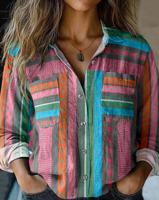 Bohemian Geometric Color Block Patchwork Colorful Linen Print Long Sleeve Shirt Bohemian Geometric Color Block Patchwork Colorful Linen Print Long Sleeve Shirt
