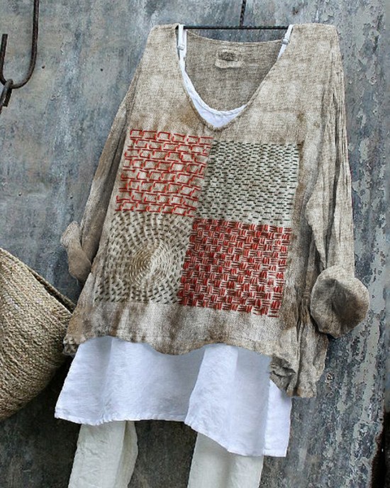 Geometric Japanese Sashiko Embroidered Art Linen Blend Tunic Geometric Japanese Sashiko Embroidered Art Linen Blend Tunic