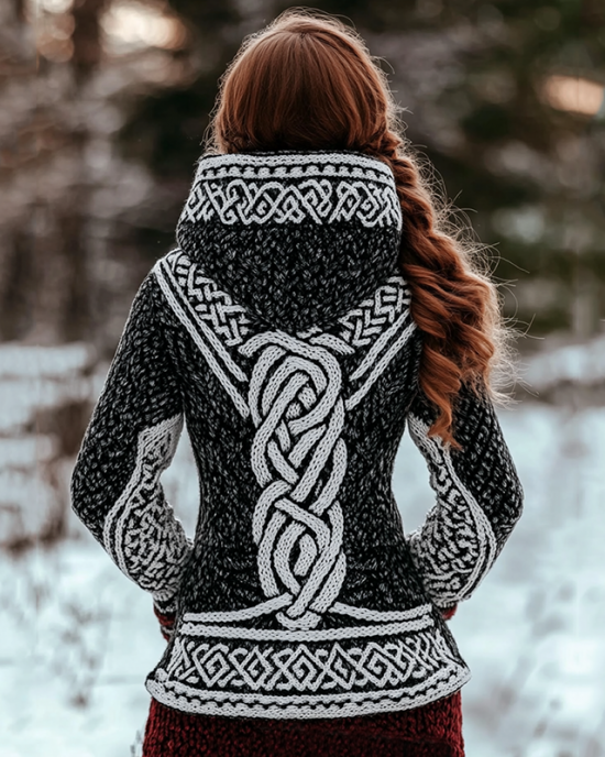 Women's Viking Style Color Block Knitted Jacquard Hooded Sweater Women's Viking Style Color Block Knitted Jacquard Hooded Sweater