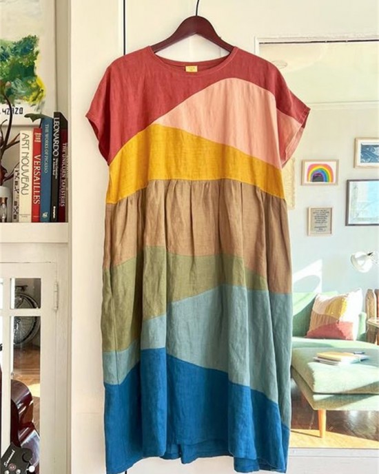 Colorful Earthy Landscape Patchwork Linen Dress Colorful Earthy Landscape Patchwork Linen Dress