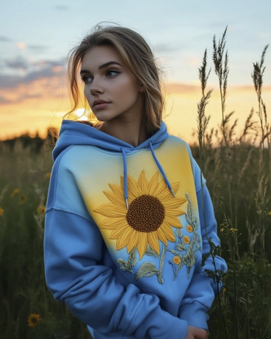 Sunflower Embroidery Yellow And Blue Gradient Women's Hoodie Sunflower Embroidery Yellow And Blue Gradient Women's Hoodie