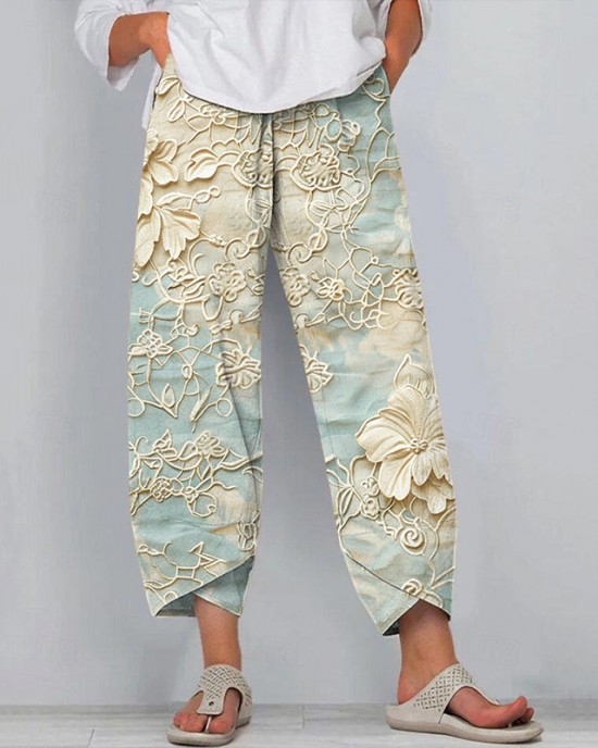 Boho Lace Floral Embroidered Linen Blend Pants