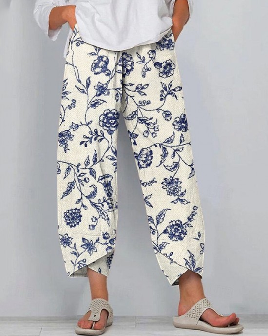 Women's Vintage Blue Floral Print Linen Blend Pants Women's Vintage Blue Floral Print Linen Blend Pants
