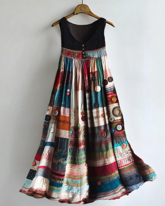 Boho Colorful Textile Flowy Linen Blend Tank Dress Boho Colorful Textile Flowy Linen Blend Tank Dress