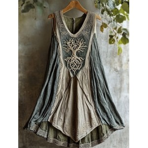 Tribal Life Of Tree Celtic Embroidery Patchwork Art Linen Tank Dress
