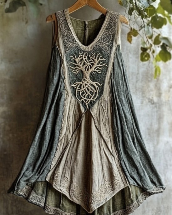 Tribal Life Of Tree Celtic Embroidery Patchwork Art Linen Tank Dress Tribal Life Of Tree Celtic Embroidery Patchwork Art Linen Tank Dress