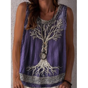 Tree Of Life Lace Embroidered Women's Linen Tank Top