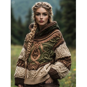 Women's Vintage Celtic Knot Jacquard Hooded Sweater