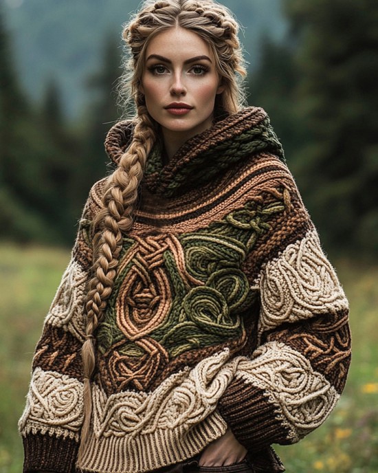 Women's Vintage Celtic Knot Jacquard Hooded Sweater Women's Vintage Celtic Knot Jacquard Hooded Sweater