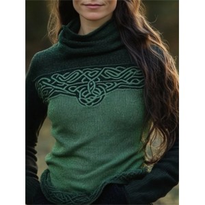 Classic Celtic Jacquard Contrast Color Turtleneck Sweater