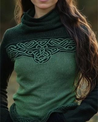 Classic Celtic Jacquard Contrast Color Turtleneck Sweater