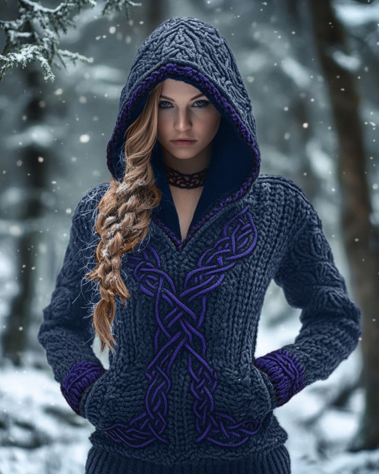 Women's Viking Celtic Knot Jacquard Knit Hooded Sweater