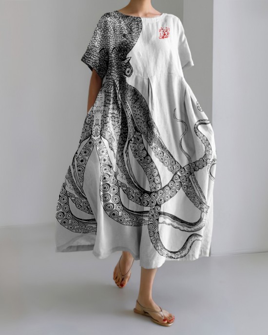 Japanese Art Octopus And Crab Print Casual Art Linen Blend Maxi Dress Japanese Art Octopus And Crab Print Casual Art Linen Blend Maxi Dress