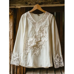Women's Retro Floral Lace Embroidery Art V-neck Shirt