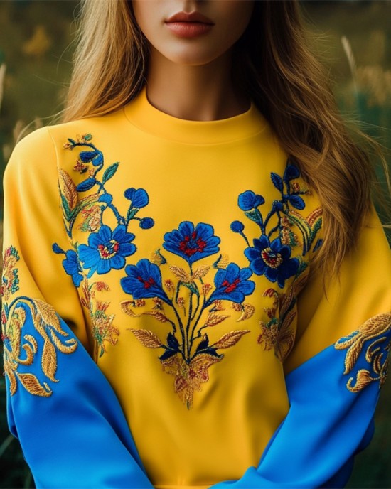 Ukraine Ethnic Floral Embroidered Contrast Color Sweatshirt Ukraine Ethnic Floral Embroidered Contrast Color Sweatshirt
