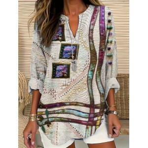 Flower & Bird Embroidery Art Women's Linen V-neck Shirt